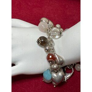 Sterling Silver Puffy Hearts-Multi Gemstone Charm Bracelet by Milor Italy Vtg